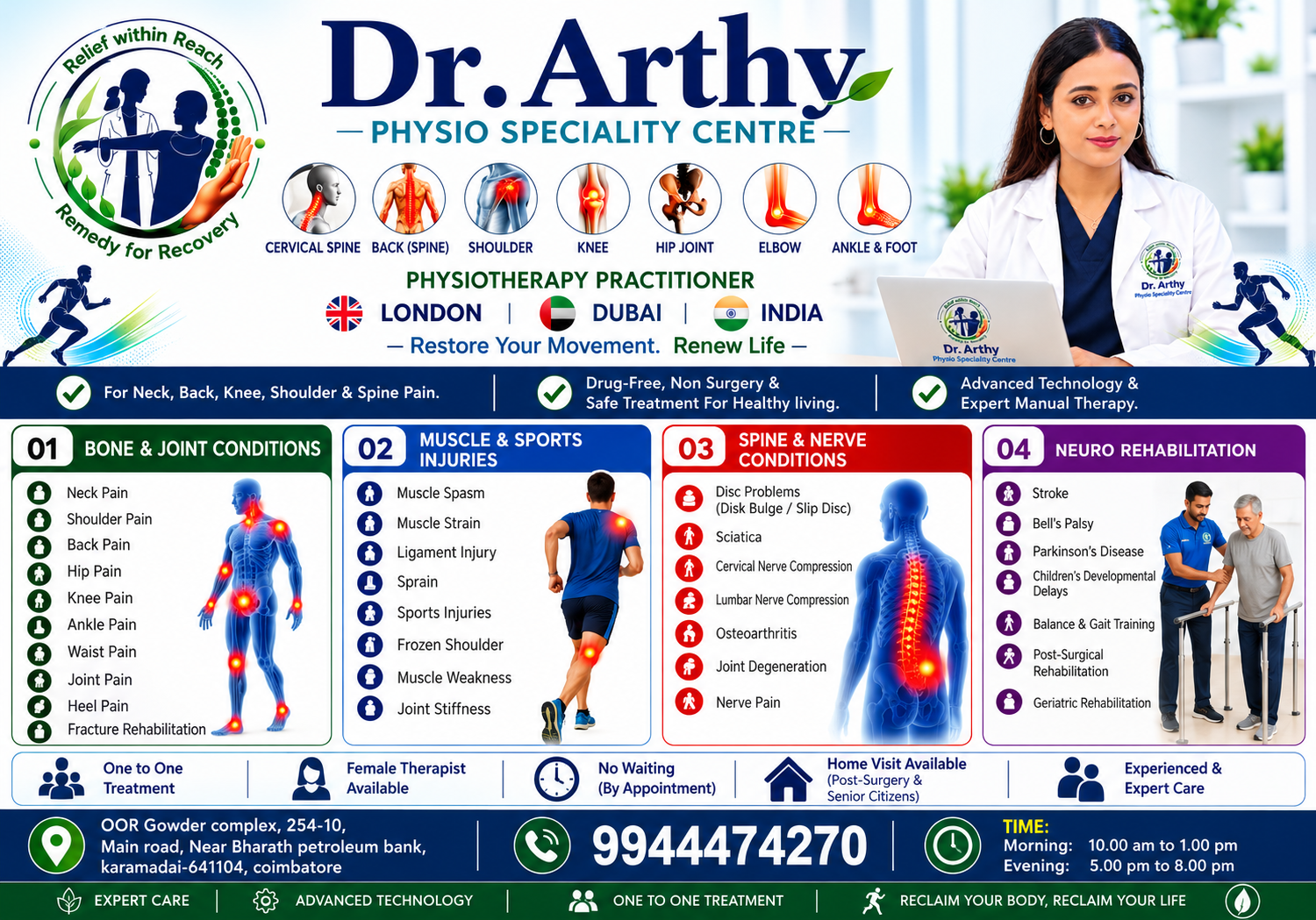 Dr. Arthy Physio Centre Services Chart